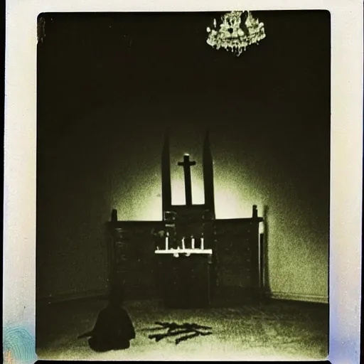 Image similar to occult sacrifice, dark figures gathered around alter in abandoned building, 1970s era Polaroid photo