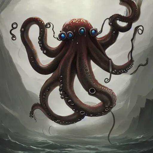 Image similar to an eldritch octopus holding swords in its tentacles, rising up out of water, fantasy art, concept art, illustration, artstation award, atmospheric, dramatic, action, waves