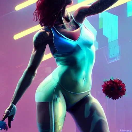 Prompt: an athletic humanoid girl with a flower, cyberpunk 2070, synthwave, highly detailed, digital painting, artstation, concept art, sharp focus, illustration, art by artgerm and greg rutkowski and alphonse mucha