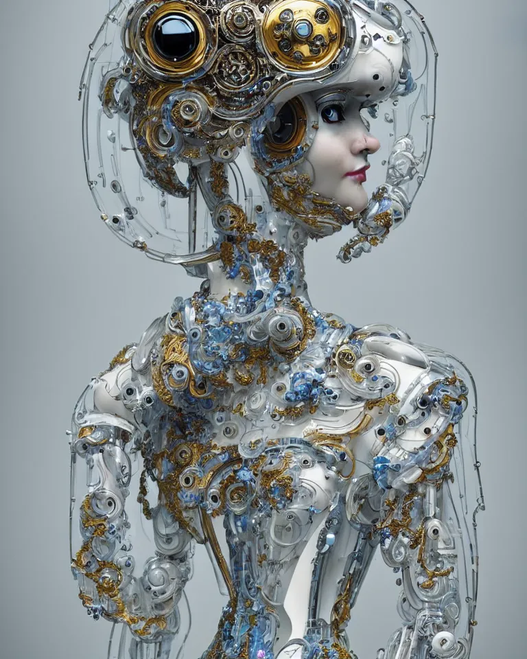 Prompt: beautiful cybernetic baroque robot + beautiful baroque porcelain face + body is clear plastic, inside organic robotic tubes and parts + wearing translucent baroque rain - jacket + symmetrical composition + intricate details, hyperrealism, wet, reflections + by alfonse mucha and moebius, no blur dof bokeh