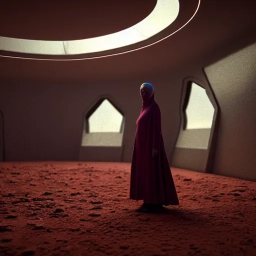 Image similar to colour aesthetic highly detailed photography scene, characters with hyperrealistic highly detailed faces. from dune ( 2 0 2 1 ) by alejandro hodorovski and denis villeneuve and gregory crewdson style with many details by andrei tarkovsky and caravaggio in sci - fi style. volumetric natural light hyperrealism photo on red dsmc 3 system rendered in blender and octane render