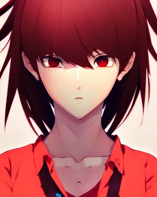 Prompt: beautiful anime woman, wearing full clothing red shirt brown pants, clockpunk, black and red hair hair, symmetrical face, symmetrical eyes, full round face, short smile, detailed, summer setting, cinematic lighting, makoto shinkai, artgerm, yoji shinkawa, ilya kuvshinov, loish