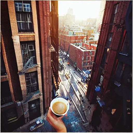 Image similar to “ top view of a girl holding a cup of coffee sitting on a fire escape overlooking the east village in new york city, morning light, by daniel gerhartz ”