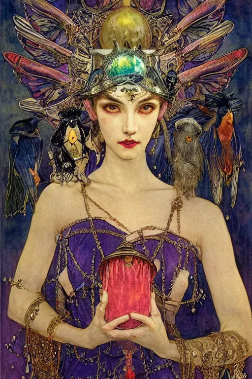 Prompt: queen of the dawn with her lantern and birds, by Luis Royo Annie Swynnerton and Nicholas Roerich Edmund Dulac, tattooed face, elaborate headdress and embroidered velvet, iridescent beetles, rich color, dramatic cinematic lighting, extremely detailed