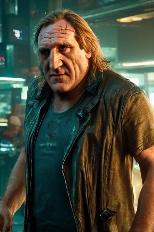 Image similar to a still of Gerard Depardieu in the movie Cyberpunk 2077 (2022), Nostromo, 4k, HD, high quality,