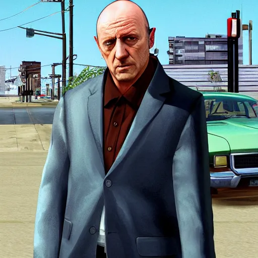 Image similar to Jonathan Banks aka Mike Ehrmantraut from Better Call Saul as a GTA character portrait, Grand Theft Auto, GTA cover art