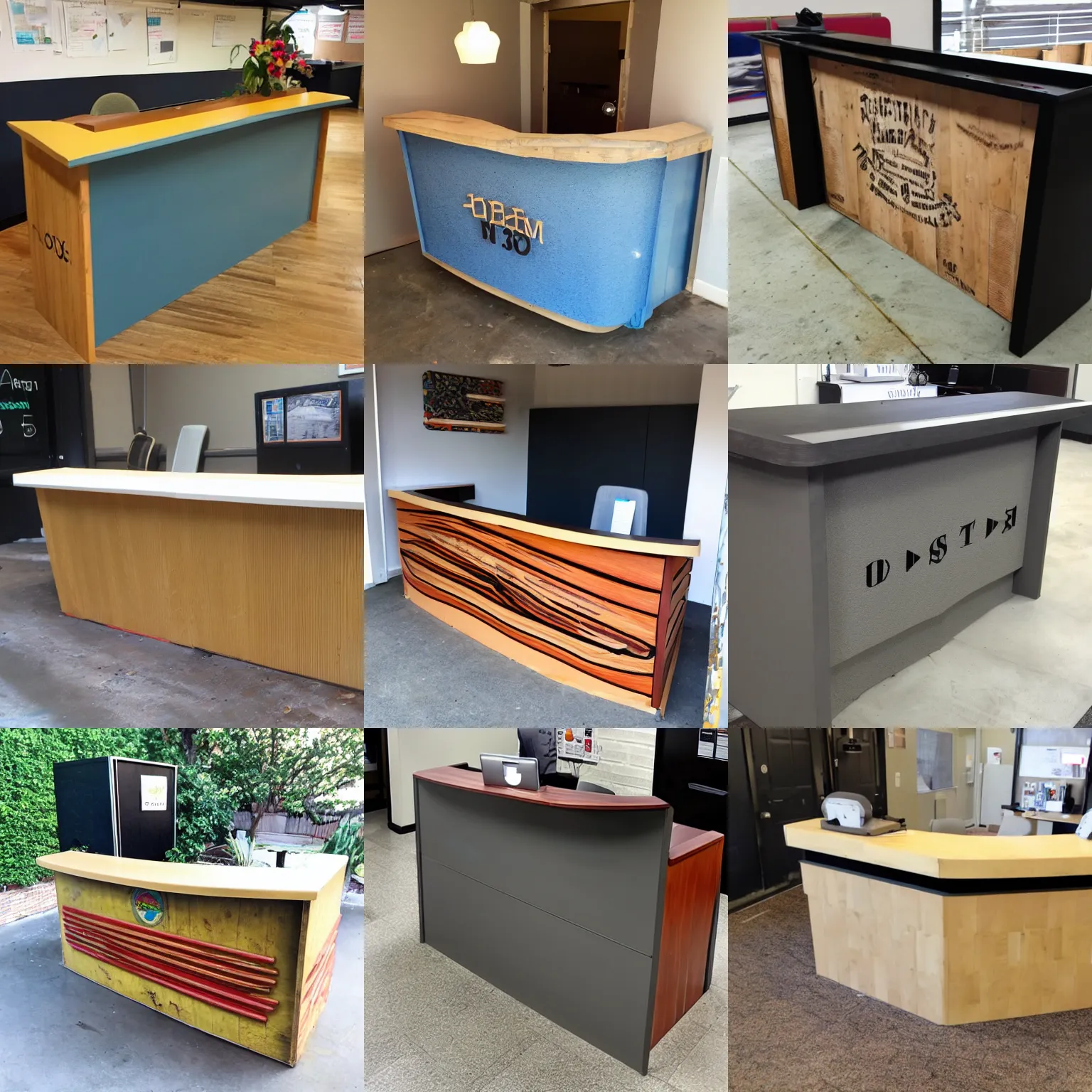 Prompt: Reception Desk styled on a dumpster