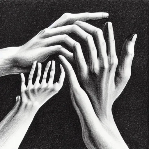 Prompt: Drawing Hands, 1948, lithograph by M.C. Escher. Unreal engine, futuristic 3D rendering