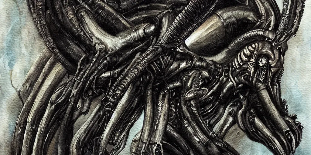 Image similar to “painting of xenomorph in the style of HR Giger”
