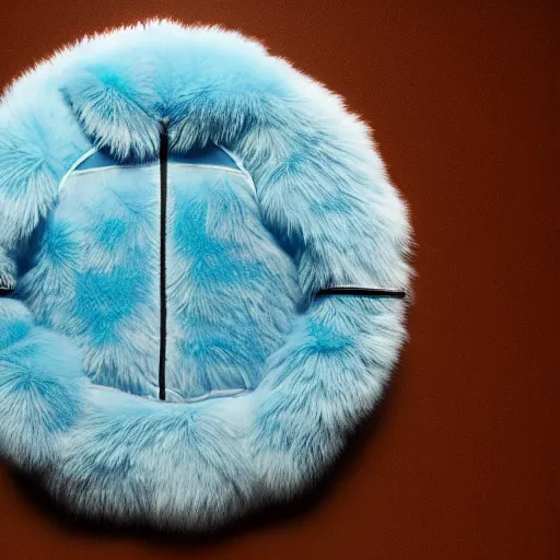Prompt: nike logo made of very fluffy blue faux fur placed : : on reflective surface, nike logo, professional advertising, overhead lighting, heavy detail, realistic by nate vanhook, mark miner