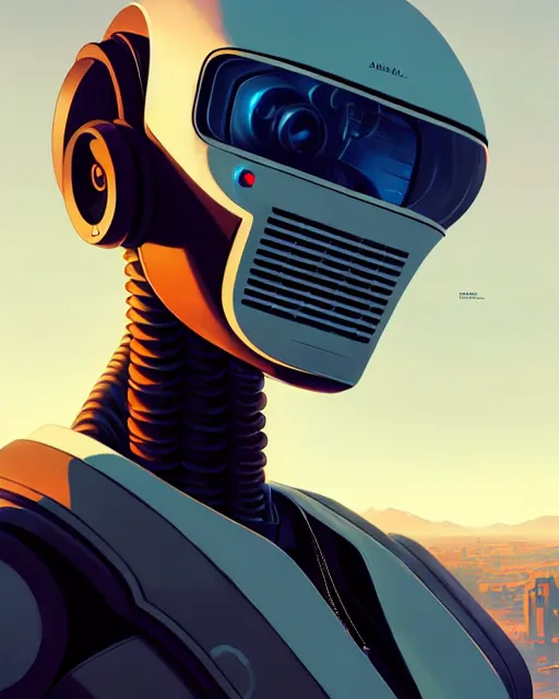 Image similar to hyper - realistic portrait of a futuristic robot, gta v cover art, celshading, sharp focus, intricate, detailed, rhads, andreas rocha, makoto shinkai, lois van baarle, ilya kuvshinov, greg rutkowski, dynamic lighting, grunge aesthetic, 4 k