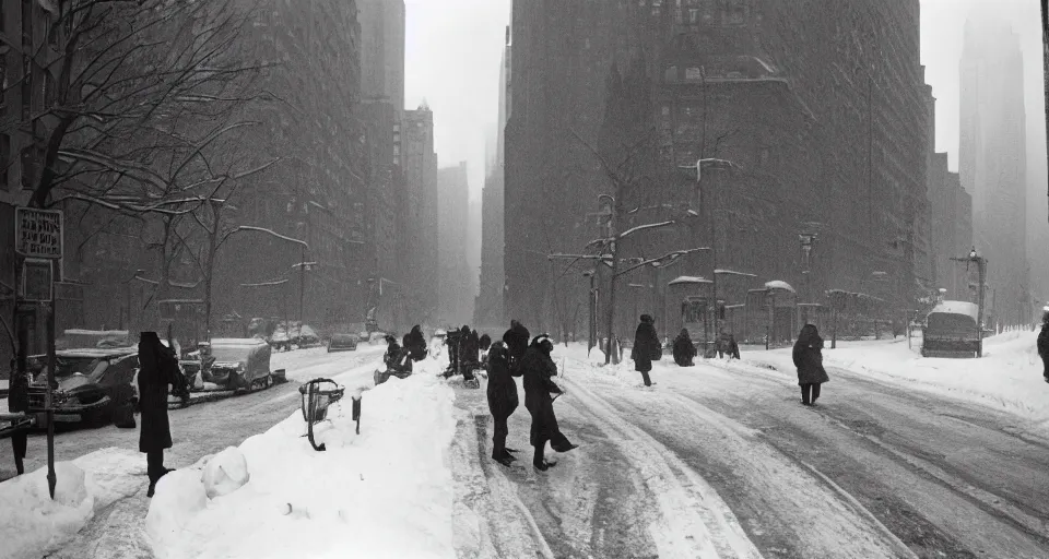 Prompt: image of a new york street in the winter, black and white photograph by andre kertesz, henri cartier - bresson