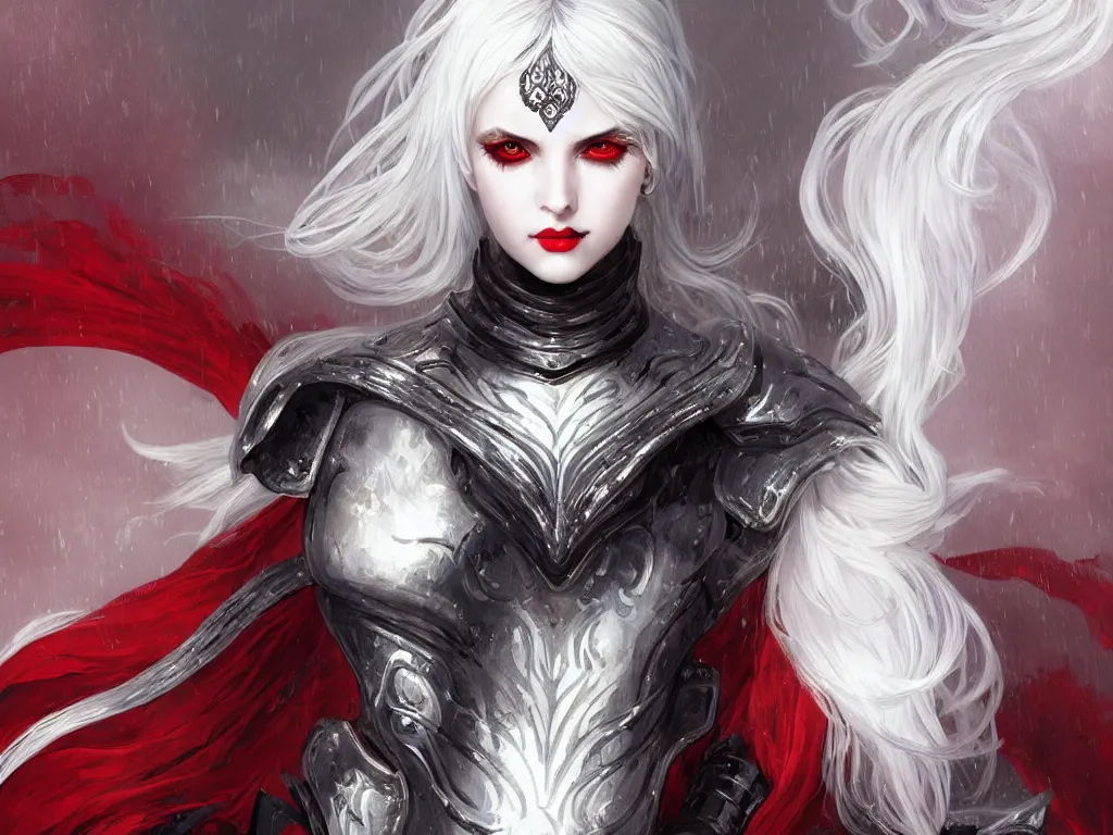 Prompt: portrait white hair sinister knights of zodiac girl + smoky eyes, black fire red color reflected armor, in ruined agora of athens rainy night, ssci - fi and fantasy, intricate and very very beautiful and elegant, highly detailed, digital painting, artstation, concept art, smooth and sharp focus, illustration, art by tian zi and wlop and alphonse mucha