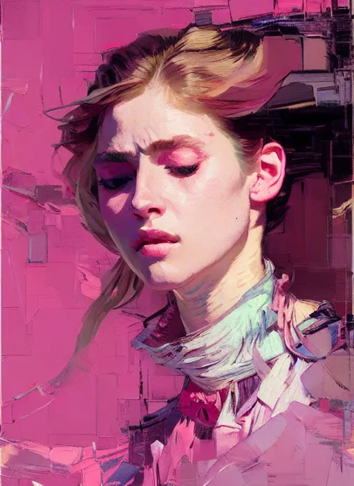 Prompt: portrait of a beautiful girl, eyes closed, open mouth, shades of pink, beautiful face, rule of thirds, intricate outfit, spotlight, by greg rutkowski, by jeremy mann, by francoise nielly, by van gogh, digital painting