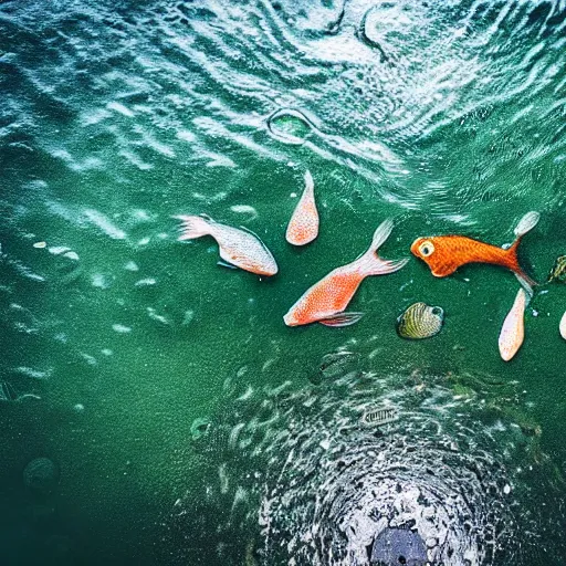 Image similar to a liquid sidewalk with a group of fish swimming inside it [ drone photo ]