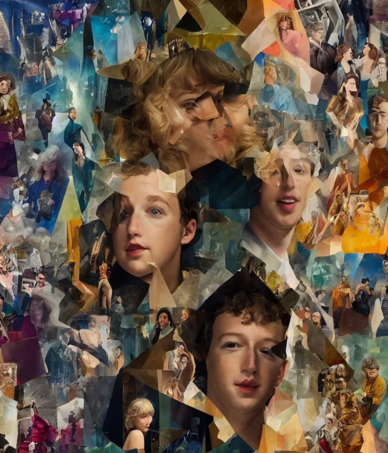 Image similar to beautiful fantasy movie poster made for the film greece starring taylor swift and mark zuckerberg and jeff bezos and elon musk, minimalist oil paint and ink collage by man ray and marcel duchamp, vivid color trending on artstation cinematic lighting collage!! 8 k