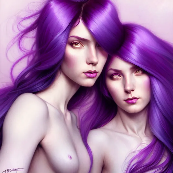 Image similar to Purple hair relistic Portrait of a two woman with bright colored flying hair, all shades of purple. Beauty face, Hair coloring, fantasy, intricate, elegant, highly detailed, digital painting, artstation, concept art, smooth, sharp focus, illustration, art by artgerm and greg rutkowski and alphonse mucha