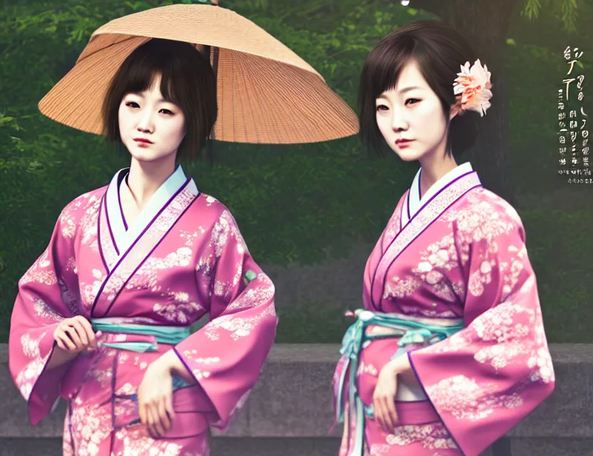 Image similar to two beautiful fashion taiwan girl wear elegant yukata in festival | | big eyes, summer night, realistic shaded, smile, good looking, fine details, 4 k realistic, cryengine, realistic shaded lighting poster by hisaji hari