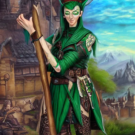 Prompt: Androgynous wood elf, extensive tattoos, leather tunic, green hair in topknot, carrying carved bone staff. Exterior city scene, middle ages, evening sunlight. Professional oil painting, high fantasy, detailed