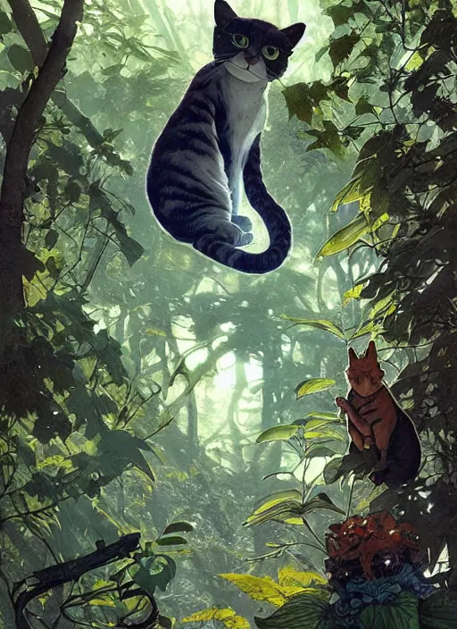 Image similar to a hyper realistic ink cat alien technology and sunbeams blue sky, lush forest foliage painting by chiara bautista and norman rockwell and greg rutkowski weta studio, and lucasfilm