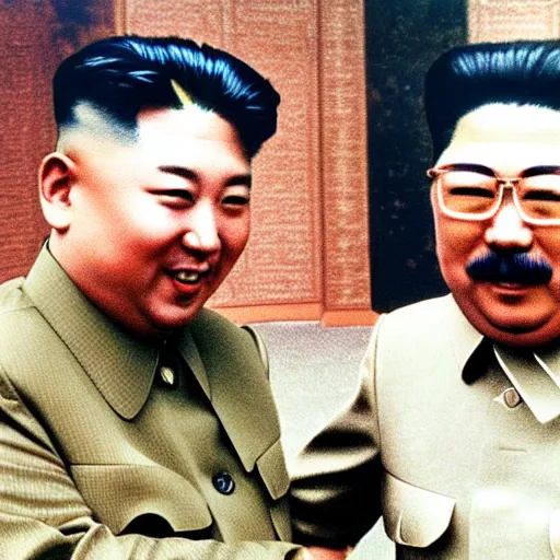 Image similar to photograph of kim jong - un, and joseph stalin, shaking hands with each other in pyongyang, 8 k, very detailed, very intricate, colored,