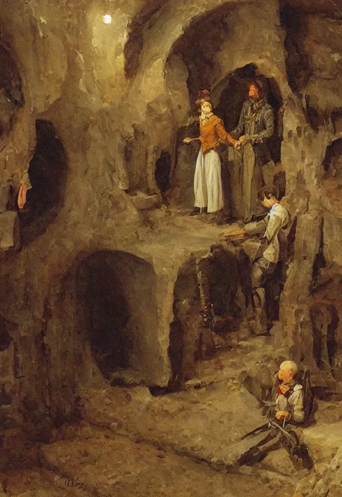 Image similar to tzar and tzarina are killed with magic happens in an underground celler, oil on canvas, painting by ilstead and levitan, russia