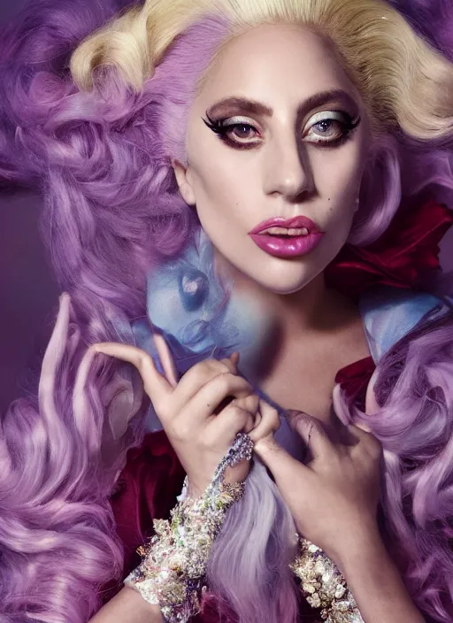 Image similar to lady gaga photohoot artpop disney princess, vogue magazine, fairytale, Highly realistic. High resolution. Highly detailed. Dramatic. 8k.4k.