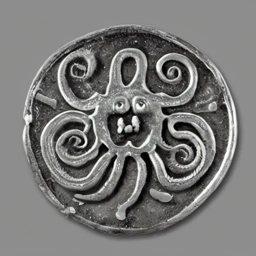 Prompt: Greek silver coin with octopus, from Syracuse, Sicily, 460-450 BC