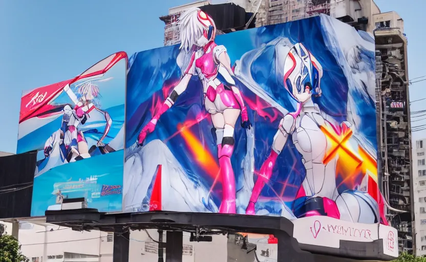 Image similar to billboard advertisement with an extremely beautiful photo of a white marble statue of an anime girl with colorful motocross logos and motorcycle helmet with closed visor, colorful smoke in the background, carved marble statue, fine art, neon genesis evangelion, virgil abloh, offwhite, denoise, highly detailed, 8 k, hyperreal