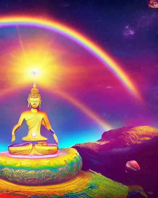 Prompt: the most beautiful star system with large brightly coloared planets, inside of an expansive cave, green tara buddha with a crown of rainbow clouds, coherent design, symmetrical, vivid color, complementary color, golden ratio, detailed, sharp lines, intricate, rainbowshift, by in unreal engine, nvidia, octane render