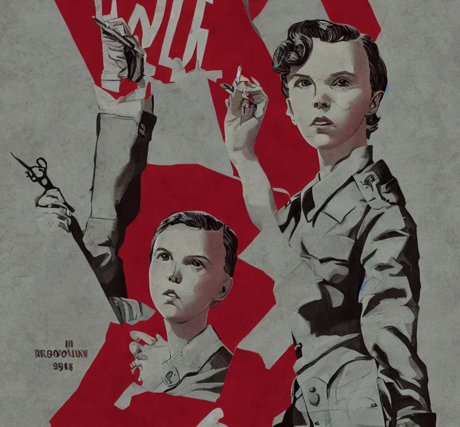 Image similar to millie bobby brown, propaganda, poster, revolution, communist, high detail, year 1 9 4 4, russian letters, lenin, trending on artstation, illustration, by maria zolotukhina