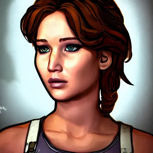 Image similar to jennifer lawrence portrait, borderlands, tales from the borderlands, the wolf among us, comic, cinematic lighting, studio quality, 8 k