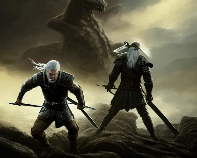 Image similar to 5 5 mm portrait photo of geralt fighting a hydra. magical atmosphere. art by greg rutkowski. highly detailed 8 k. intricate. lifelike. soft light. nikon d 8 5 0.