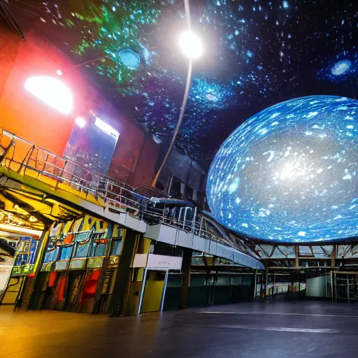 Prompt: high quality professional canon wide - angle lens photo of large scale immersive public art installation inside printworks london venue width large led screen on top, mirror on floor and big sphere for video projection on center. stage design by es devlin. installation about deep nebula space and proto planet.