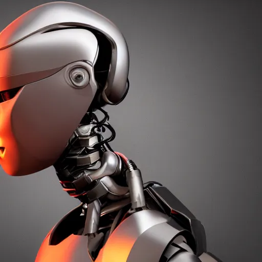 Prompt: an amazing robot-helmet, robotic head-bust portrait, of a sci-fi, human robot hybrid with weaponized systems built into the 3d helmet, cgi, zbrush, blender, octane render