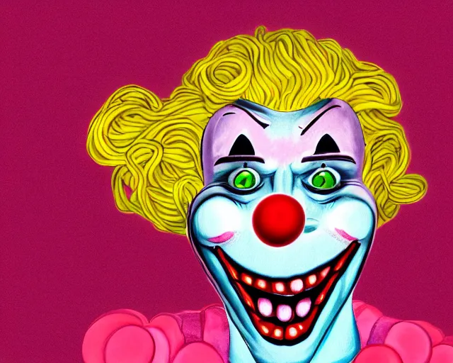 Image similar to mischief the clown, interface, umami, u m a m i, youtube series, digital illustration, flat - shaded, pink monster clown, red lips with yellow teeth, big red nose, large yellow eyebrows, pink spaghetti body