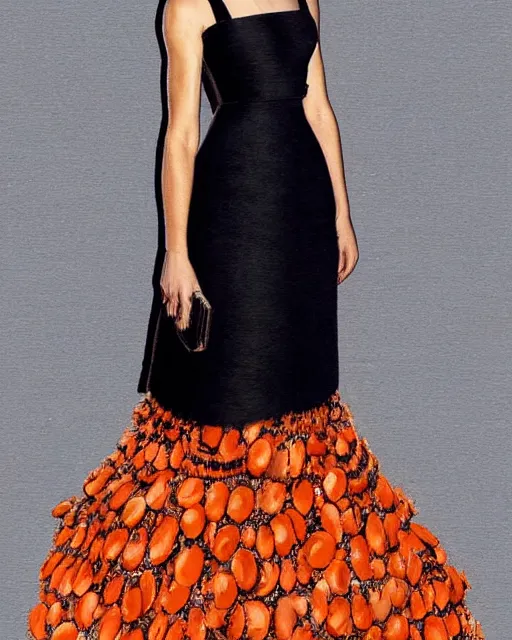 Prompt: nathalie portman at new york fashion week, in an outfit made from clementines, by greg rutkowski, high fashion, female beauty, intricate detail, elegance, sharp shapes, soft lighting, vibrant colors, masterpiece