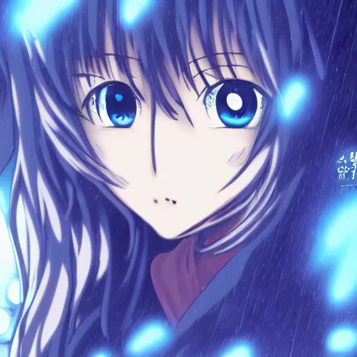 Prompt: key anime visual of a girl with glowing blue eyes; rain falling; close up shot; trending on Pixiv