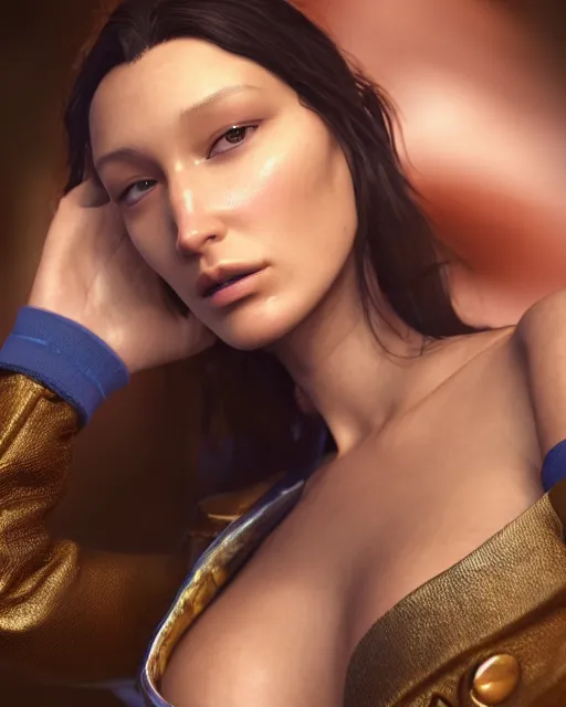 Image similar to a highly detailed metahuman 8 k close up render of bella hadid death and life painting by gustav klimt trending on artstation made in unreal engine 4