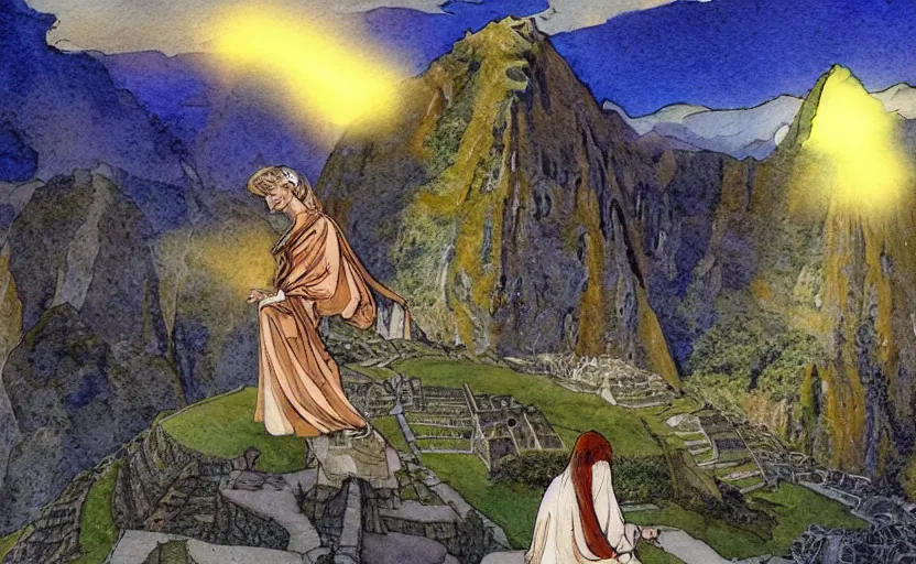 Image similar to a realistic and atmospheric watercolor fantasy concept art of a golden ufo hovering above machu pichu. in the foreground a female medieval monk in grey robes is kneeling with her hands by her sides. by rebecca guay, michael kaluta, charles vess