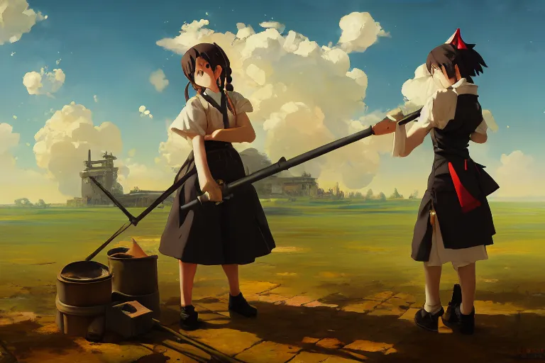 Image similar to baroque oil painting of anime key visual concept art of anime maid operating mortar 1 9 4 0 trenches colorized, trending on artstation, palette knife and brush strokes, oil on canvas, makoto shinkai greg rutkowski studio ghibli