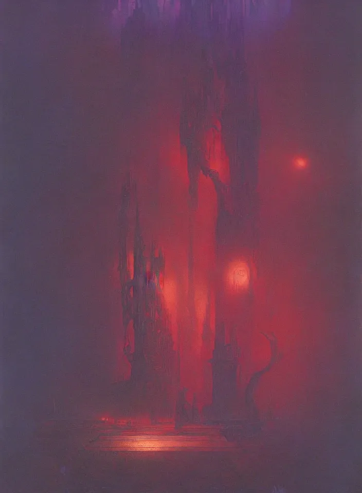 Image similar to the blind liberty of the few, red and purple palette, volume light, fog, by ( h. r. giger ) and paul lehr