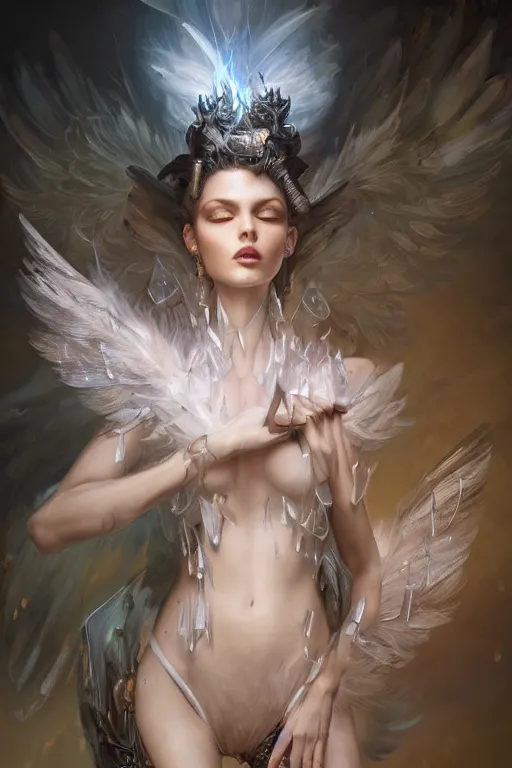 Image similar to beautiful model wearing crystal white feathers, diamonds, angel, fantasy, dramatic lighting, highly detailed, digital painting, holding electricity, magic the gathering, hyper detailed, 3 d render, hyper realistic detailed portrait, peter mohrbacher, wlop, ruan jia