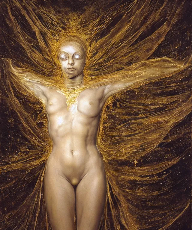 Prompt: Beautiful full-body wax sculpture of a glowing transparent butterfly with a woman face with visible gold bones covered with melted white wax inside the singularity where stars becoming baroque folds of dark matter by Michelangelo da Caravaggio, Nicola Samori, William Blake, Alex Grey and Beksinski, dramatic volumetric lighting, highly detailed oil painting, 8k, masterpiece