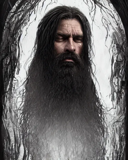 Prompt: portrait of a 6 0 - year - old giant man with long tangles of bushy black hair and beard hiding most of his face, wearing in black cloak, hyper realistic face, beautiful eyes, character art, art by mark brooks, hyperdetailed, cryengine, trending on artstation, digital art