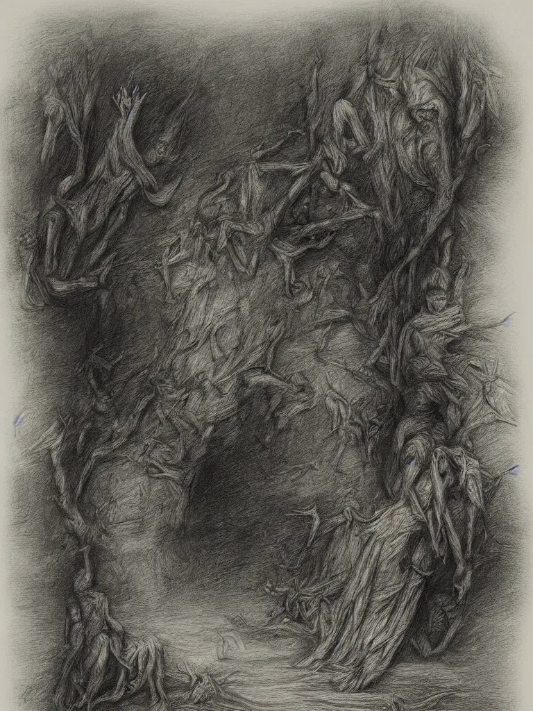 Image similar to inside my nightmares, charcoal detailed drawing, Greg Rutkoski style, Gustave Dore style,