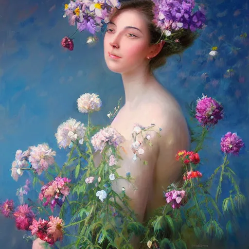 Image similar to a portrait of a romantic woman with flowers grow out of hair, roses peonies forget-me-nots dahlias lupins gladioli, sky theme in background, by Alexandr Averin, Digital Art, Trending on artstation