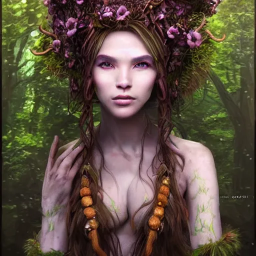 Image similar to portrait of shaman dryad goddess detailed, cinematic photo, artstation