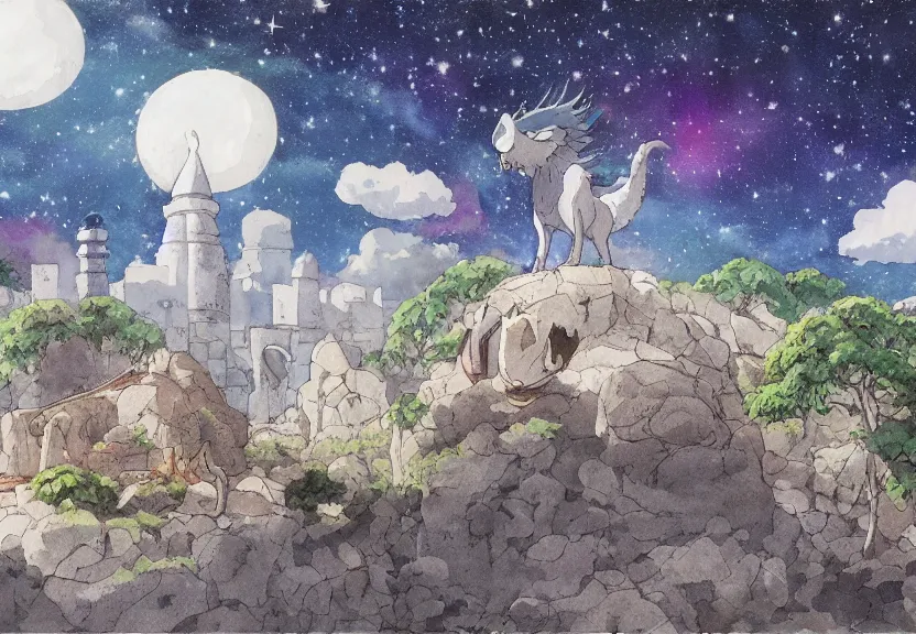 Prompt: a hyperrealist watercolor concept art from a studio ghibli film showing one giant grey griffon. a temple is under construction in the background in india on a misty and starry night. by studio ghibli. very dull muted colors