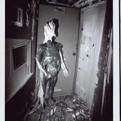 Image similar to 1 9 9 3, disposable camera, flash, old abandoned house, mutant flesh creature standing, meat, flesh, veins